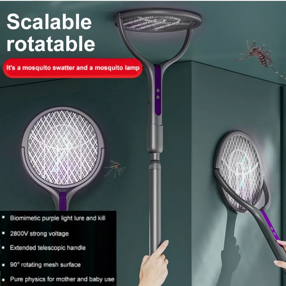 2 in 1 Mosquito Killer Lamp Rotating Head Electric Mosquito Racket 2800V 1200mAh USB Type-C Rechargeable Electric Fly Swatter