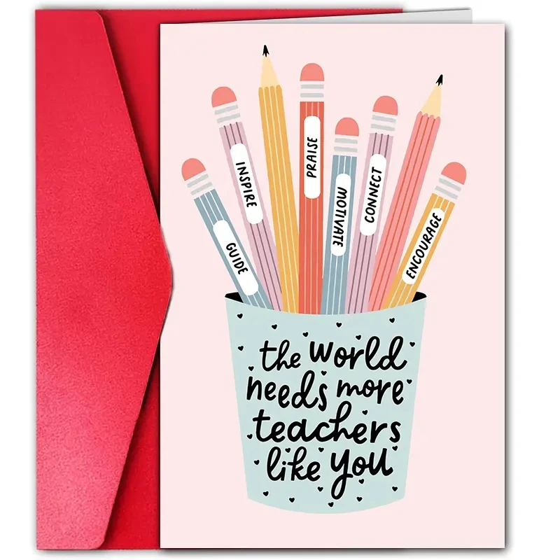 1pc Pink Pencil Cup Teachers Appreciation Card, Teacher Gift, Thank You Card, Back To School Greeting Card, Gift For Teacher.