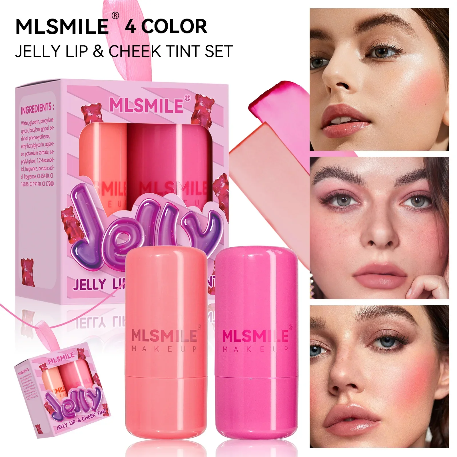 2-teiliges Gelee-Set für Lippen und Wangen, 2-in-1-Rouge-Lipgloss-Stick, feuchtigkeitsspendender, langlebiger, erfrischender Gesichtskonturierungscreme-Stick