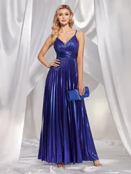 Lucyinlove Luxury V-Neck Satin Sleeveless Royal Blue Evening Dress Women Elegant V-neck Wedding Party Long Prom Cocktail Dress