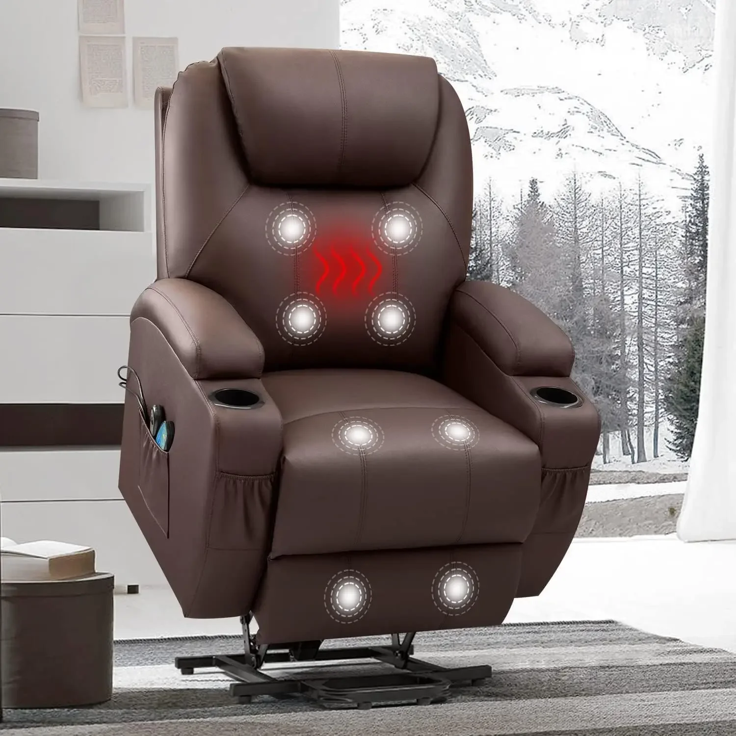 Electric Power Lift Recliner Chair for Elderly Reclining Sofa for Living Room and Heat Side Pockets and Cup Holders