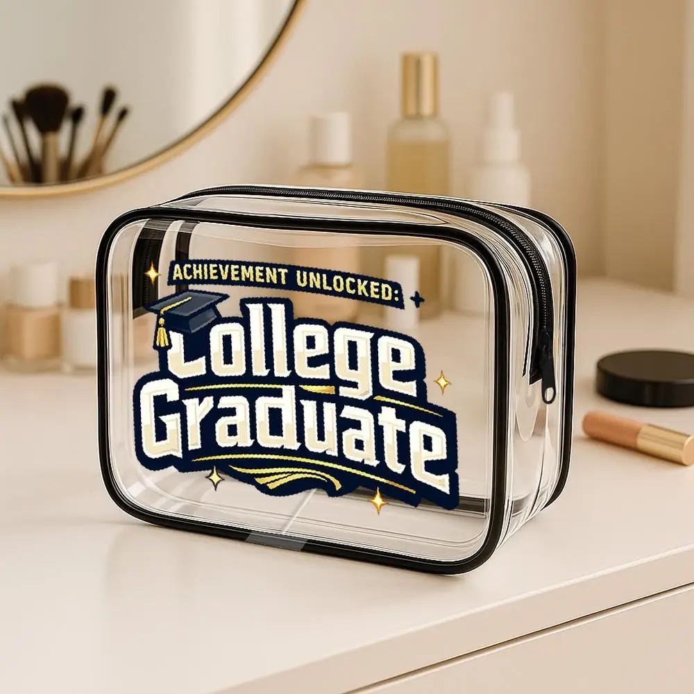 Toilet Bag College Graduate Graduation Cap Clear PVC Cosmetic Bag, Pixel Art Retro Gaming Style with Golden Star Accents & Black