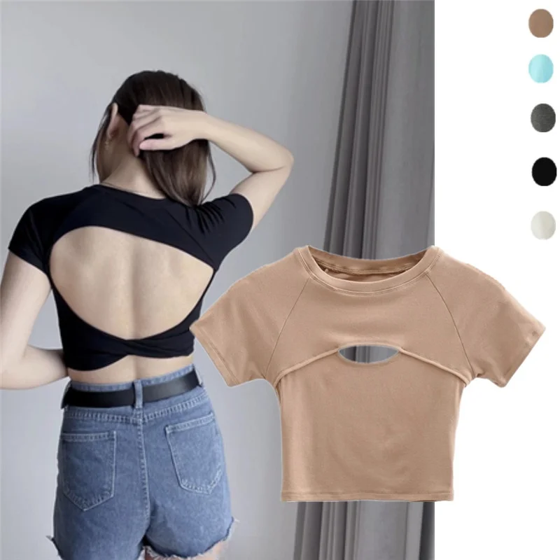 تي شيرت نسائي عصري بتصميم مفتوح من الأمام وظهر مكشوف، بأكمام قصيرة وخصر مرتفع، بنمط حلو وجريء وحار