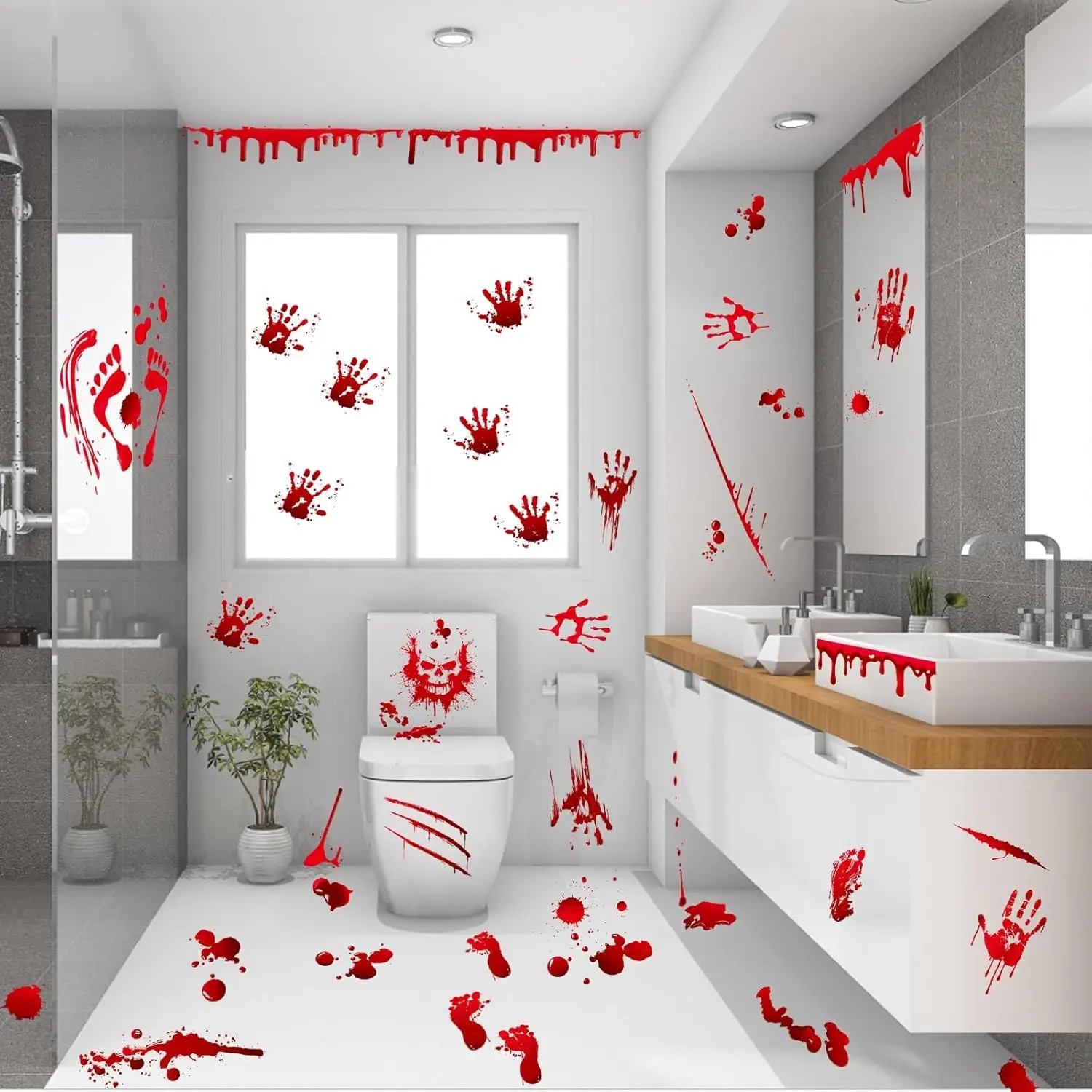 Halloween Decorations Bloody Handprints Footprints Wall Decals Stickers Eyeballs Skull for Home Bedroom Bathroom, Customized