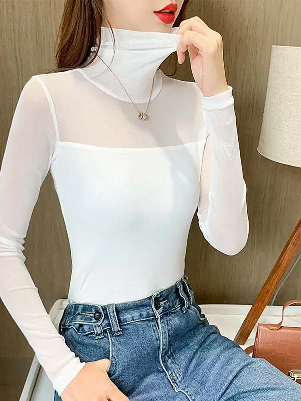 Spring 2025 Women's Pure Color Elastic Long Sve Lace irt Breathable Me Base Top Versatile Sle High Elastici round ...
