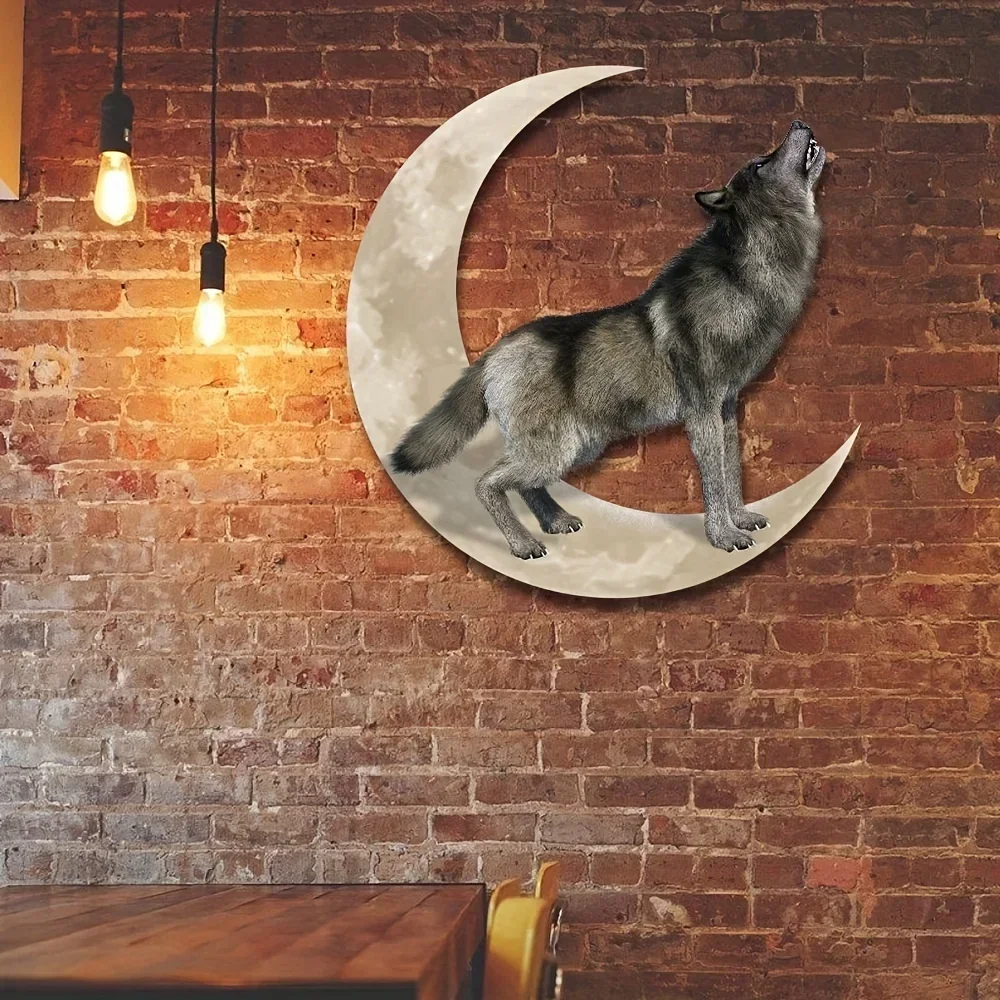 Wolf on Moon Metal Home Art Wall Sticker Livingroom Outdoor Home Bedroom Metal Wall Hanging Decoration Background Metal Iron Hom