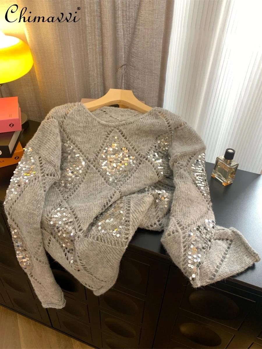 

Spring 2024 French Style Loose Casual All-Match Sequined Hollow round Neck Long Sleeve Knitted Pullover Women Sweaters Knitwear