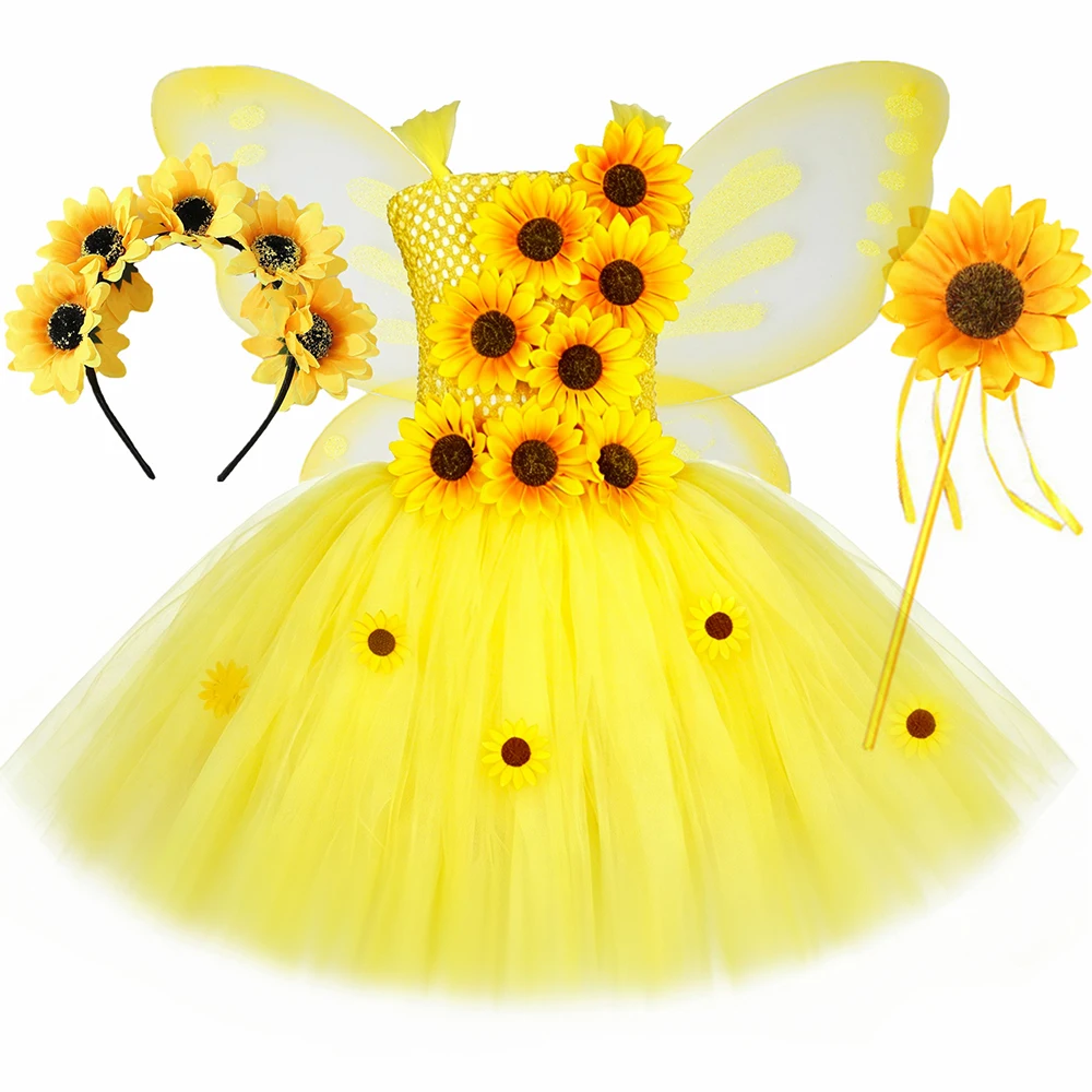 Fall Autumn Sunflower Fairy Princess Dress for Girls Thanksgiving Holiday Party Costume Set Yellow Kids Flower Girl Tutu Dresses
