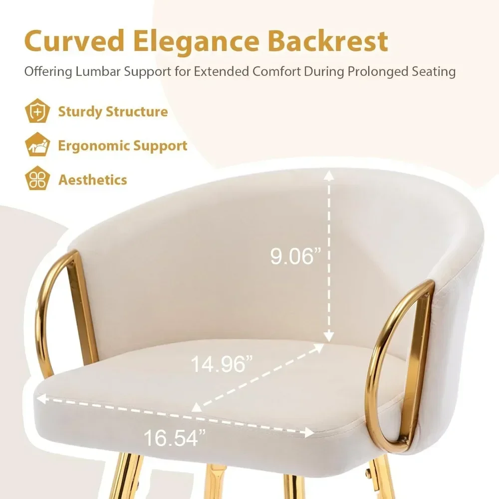 Stools Set of 4, 26 Inch Counter Height Bar Stools Velvet Low Back Chair with Golden Armrest for Kitchen Island/Home Bar/Dining