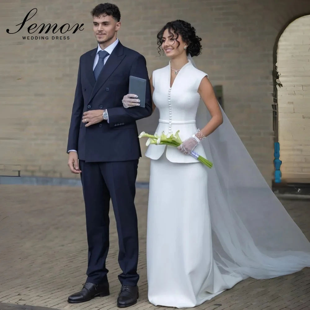 Semor Elegant V-Neck Sleeveless Wedding Dresses 2026 two-piece set Open Back Buttons Bridal Gown Vestidos De Novia Customized