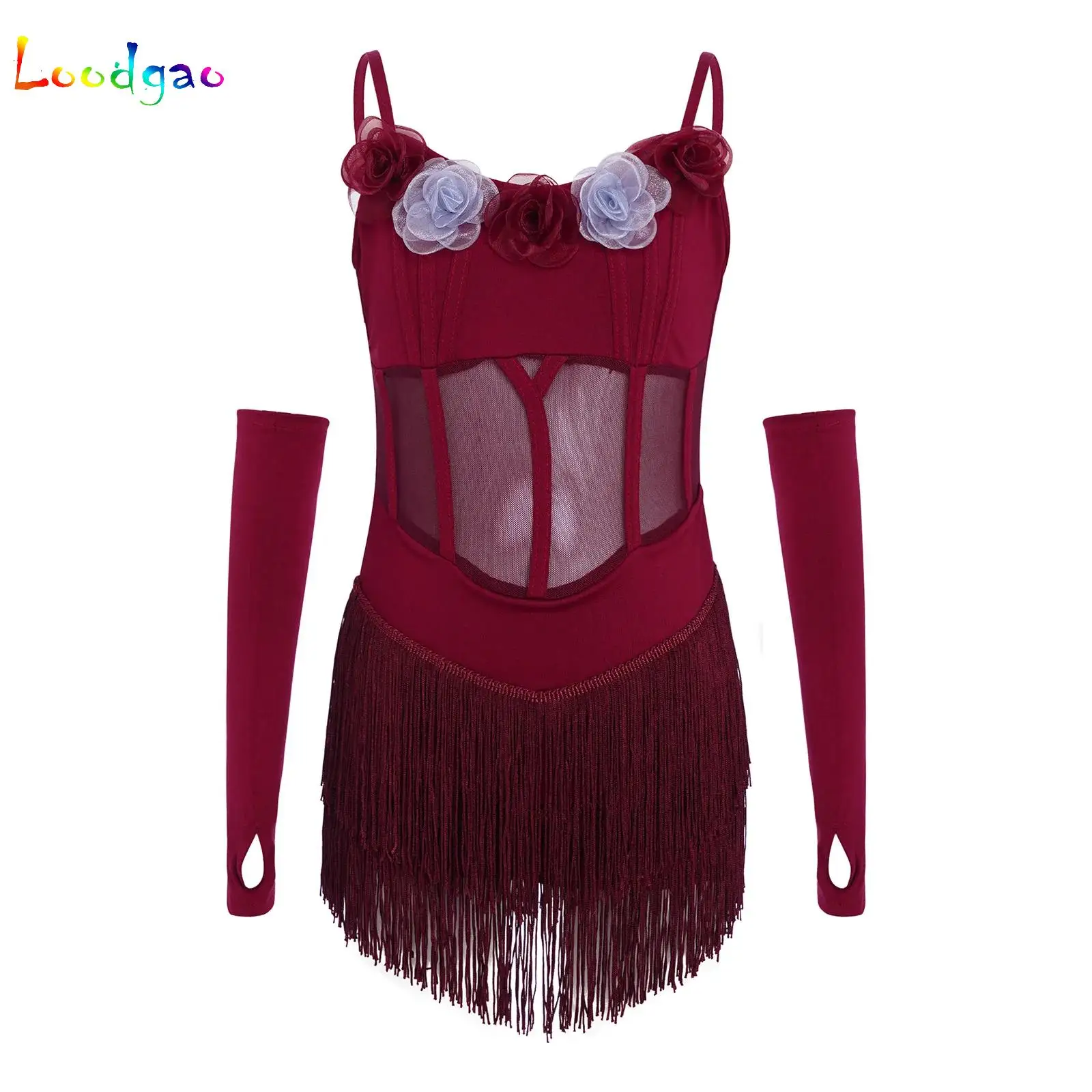 

Ballroom Latin Dress Girls American Dance Rumba Cha Cha Samba Tango Costume Competition Practice Wear Kids Fringe Tassle Gloves