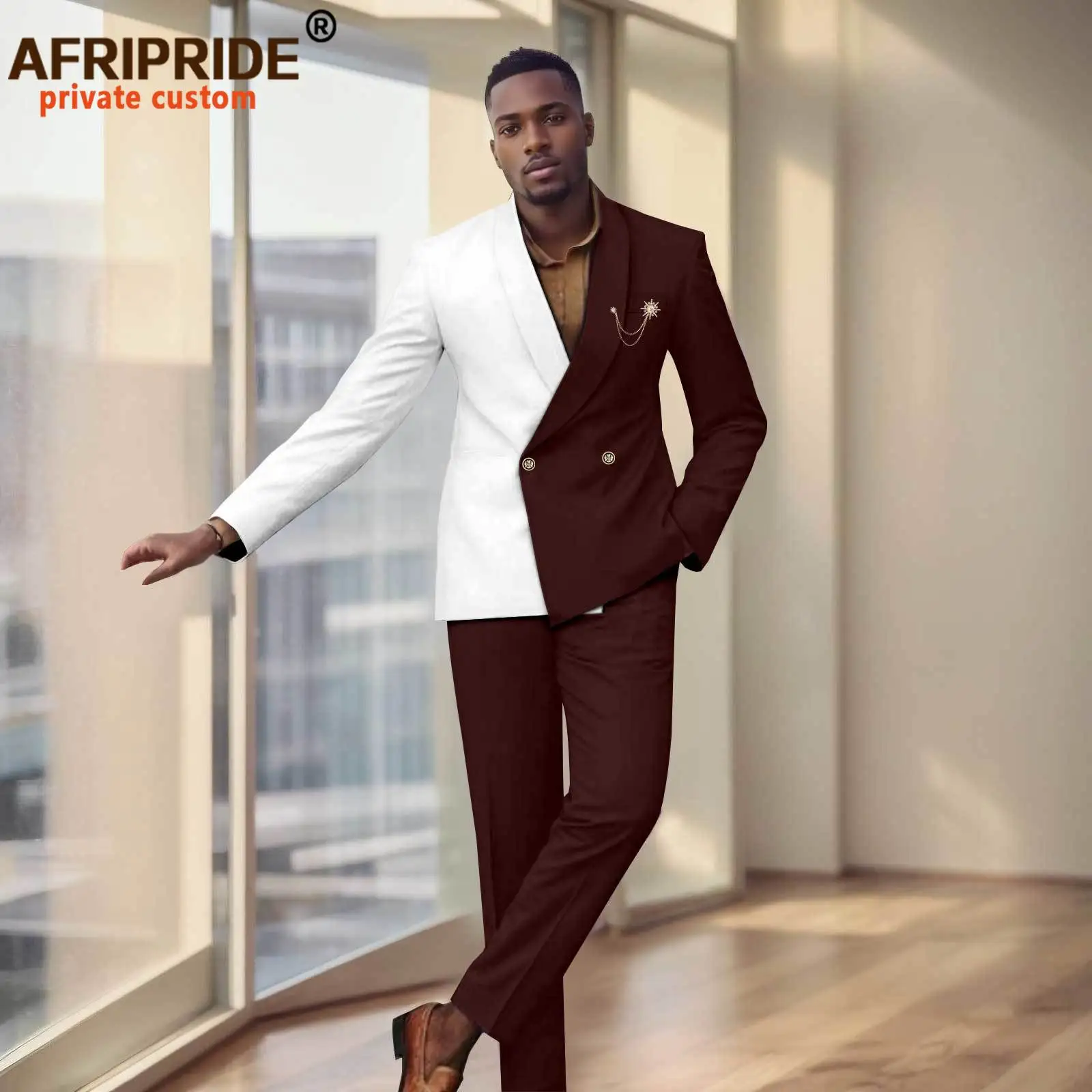 African Suit for Men Two Buttons Brooch Slim Fit Jacket and Trousers 2 Piece Set African Clothing for Wedding 2516038