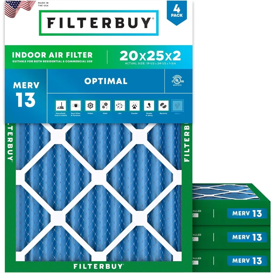 

20x25x2 Air Filter MERV 13 Optimal Smoke and Allergy Defense 4-Pack Electrostatic Pleated HVAC AC Furnace Filters Replacement M