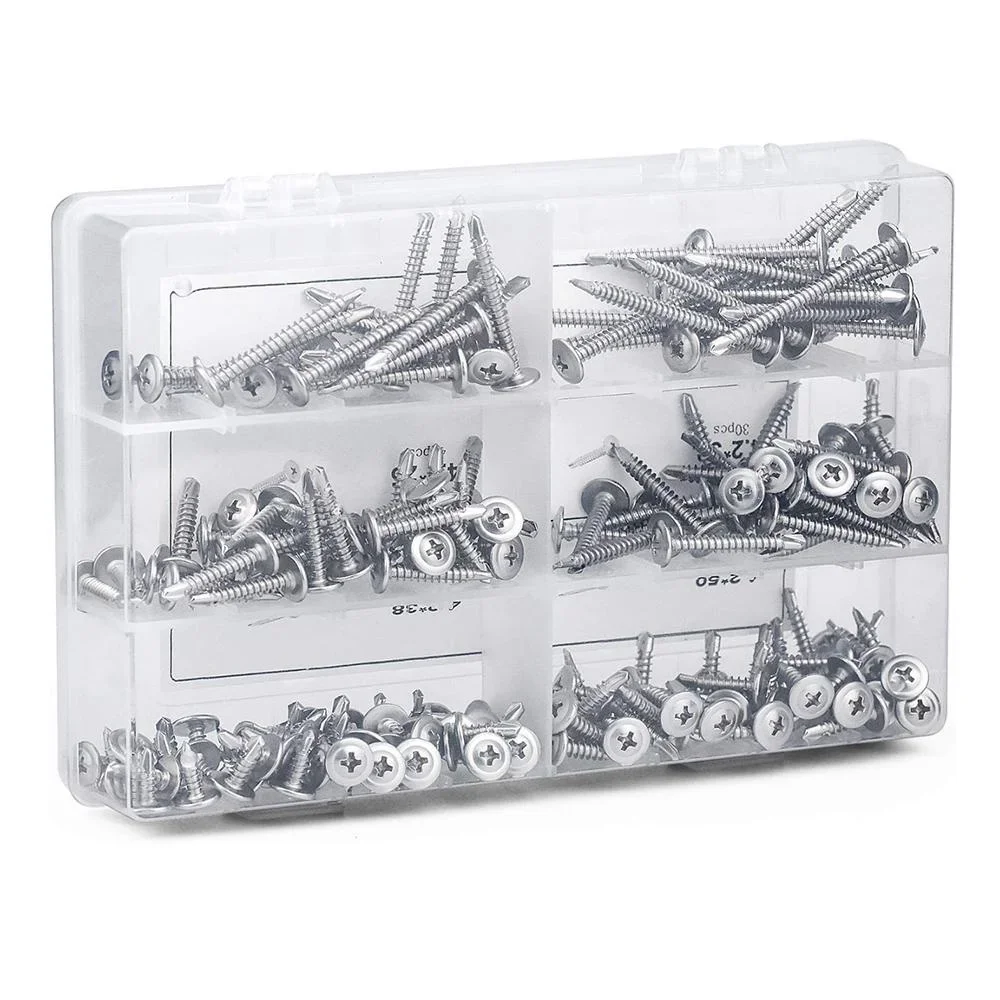 STONEGO 1Set/210Pcs 410 Stainless Steel Large Flat Head Drill Tail Screw Self-tapping Screw Screw Drill Screw Kit Set