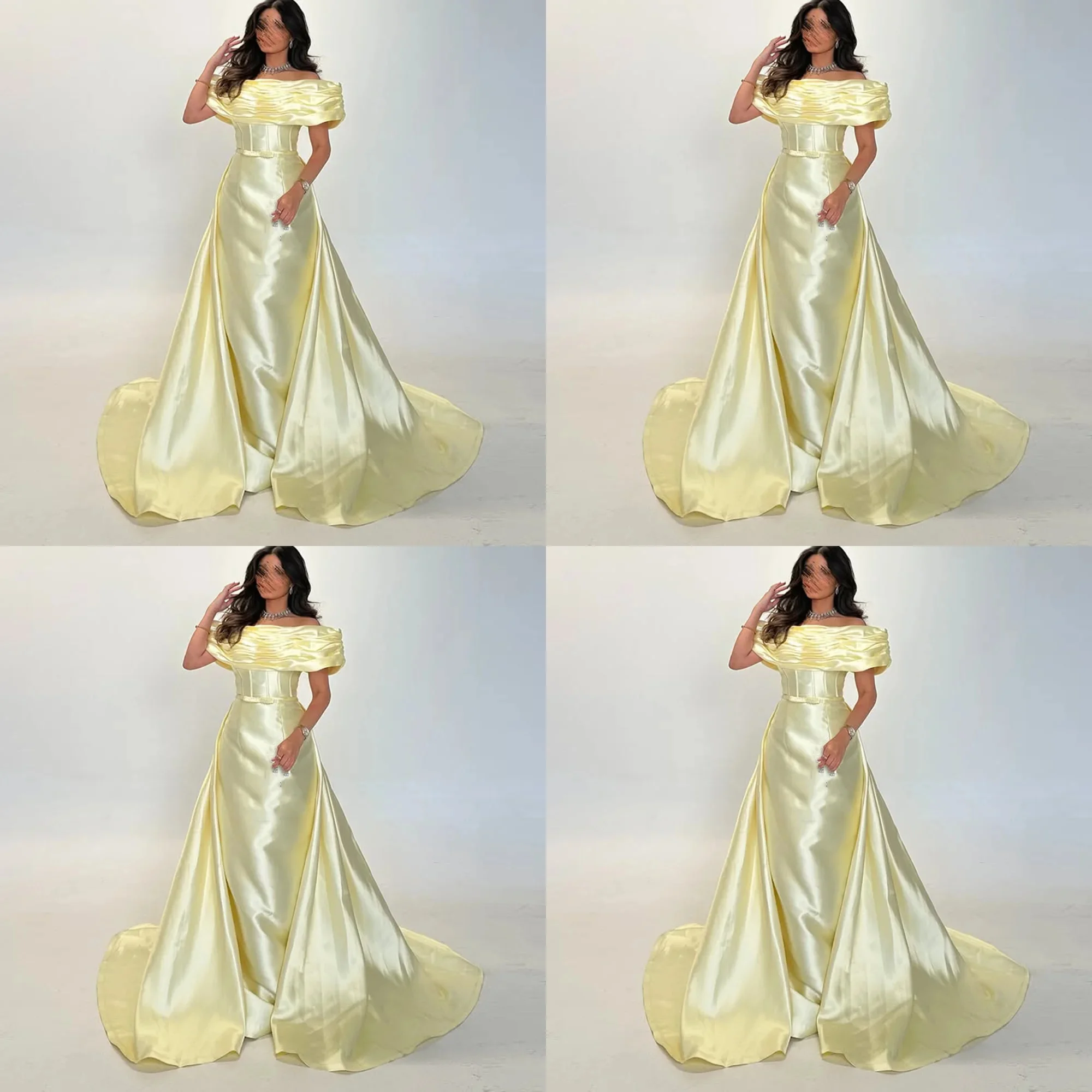 

customized Boat Neck Straight Evening Dress Pleat Off The Shoulder Backless detachable Train Satin Prom Gown Long Party Dress