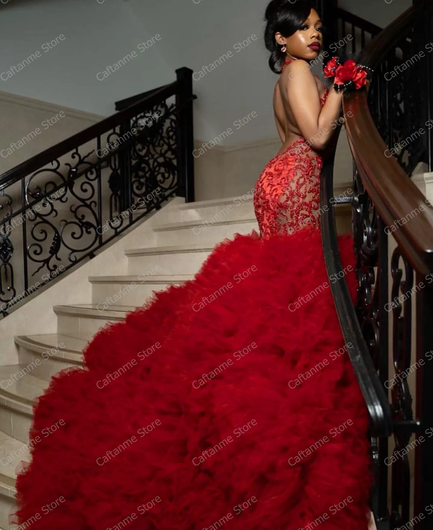 Aso Ebi – robe longue plissée rouge à volants, Sexy, col en V, col licou, robe de soirée sirène, dos nu, en cristal, robes de mariage