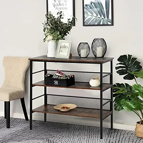 3-Tier Console Table Industrial Style  Metal Wooden  with  Robust Multi-Functional Design & Adjustable Feet, Black