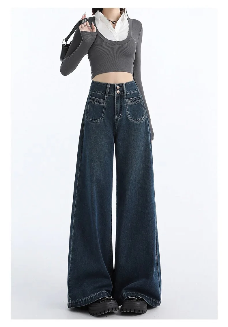 Jeans Women Distressed High Waist Wide Leg Pants Washed Floor Length Streetwear Female Vintage Denims 2024 Autumn Trousers