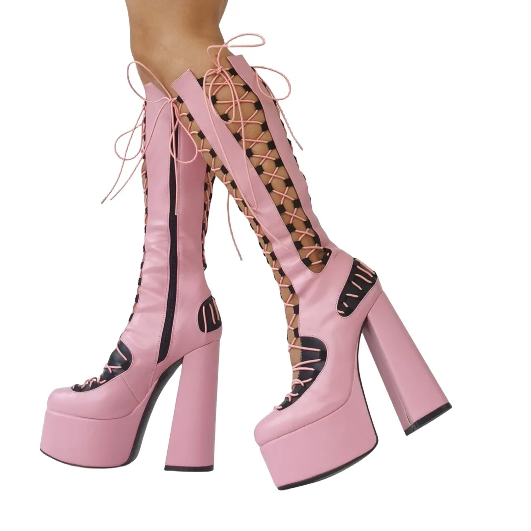 

Woman Pink Soft Leather Knee High Sandals Boots Square Heel with Platform Round Toe Female Lace Up Side Zipper Summer Boots