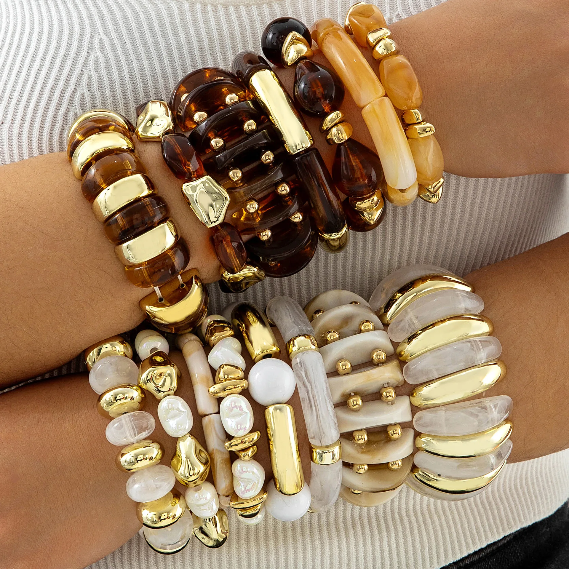 15 Style Vintage Minimalist Elegant Coffee White Resin Elastic Bangle Smooth Open Bracelets Women Daily Holiday Jewelry