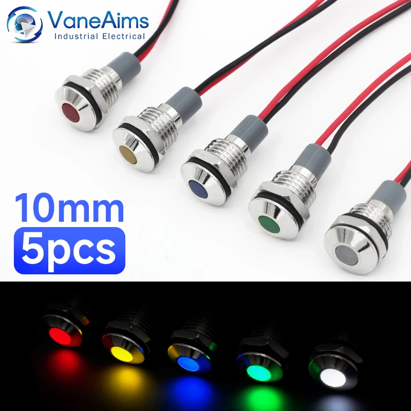 VaneAims 5PCS LED Metal Indicator 10mm Waterproof Panel Mounting Small Flat Signal Light 3-6V 12-24V Red Yellow Blue Green White