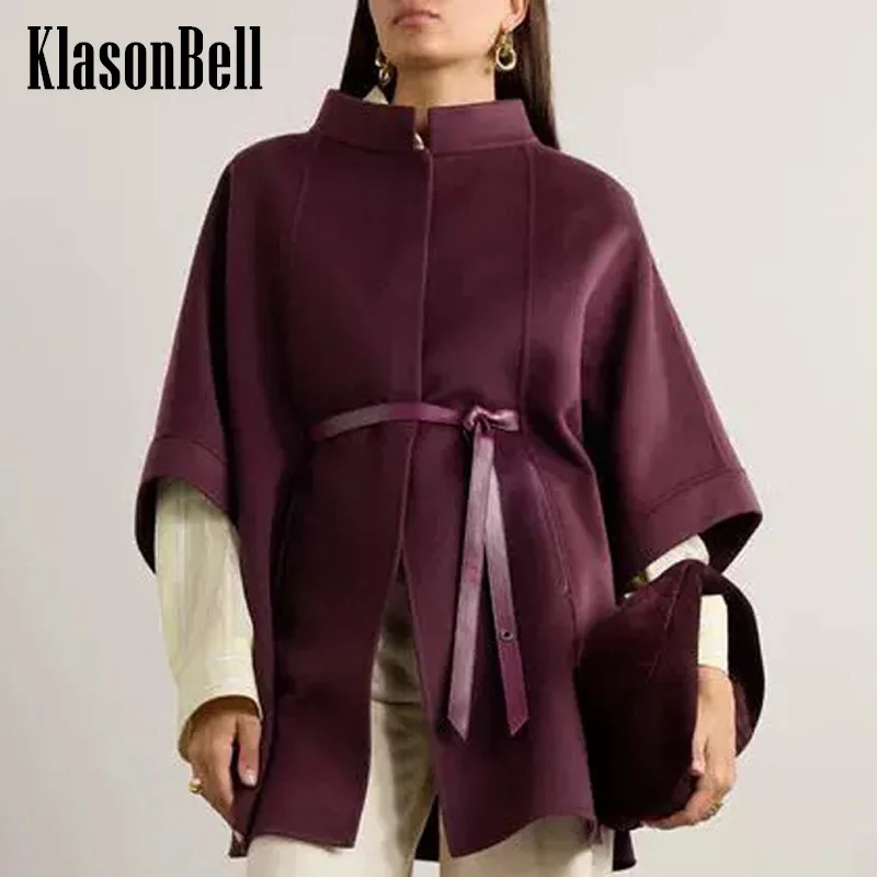 9.18 KlasonBell Women Genuine Leather Sashes Cashmere Capes Coat Covered Button Half Sleeve Loose Double-Sided Wool Coat