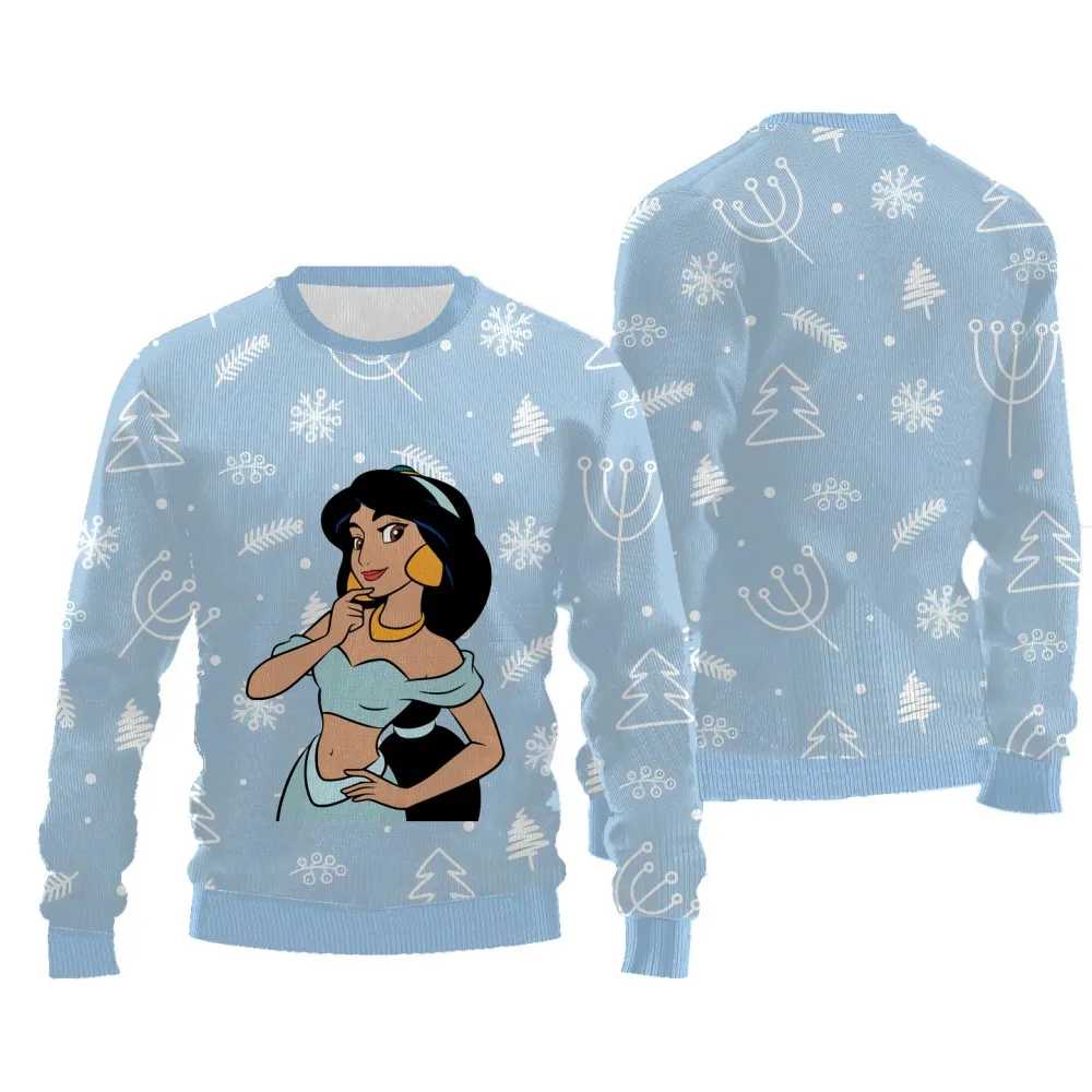 Feminino com padrão Disney Princess, suéter estampado, gola redonda, manga comprida, estilo grosso, casual, confortável, pulôver de Natal, novo