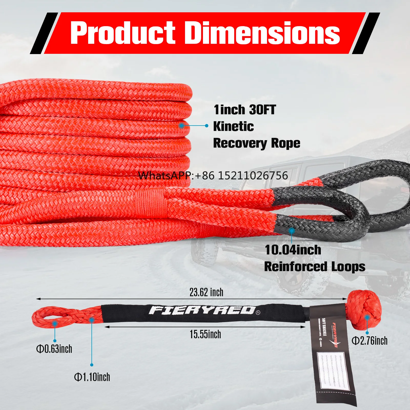 33900LBS Nylon Energy Towing Strap Recovery Kinetic Tow Rope Set for Off Road Truck ATV UTV SUV