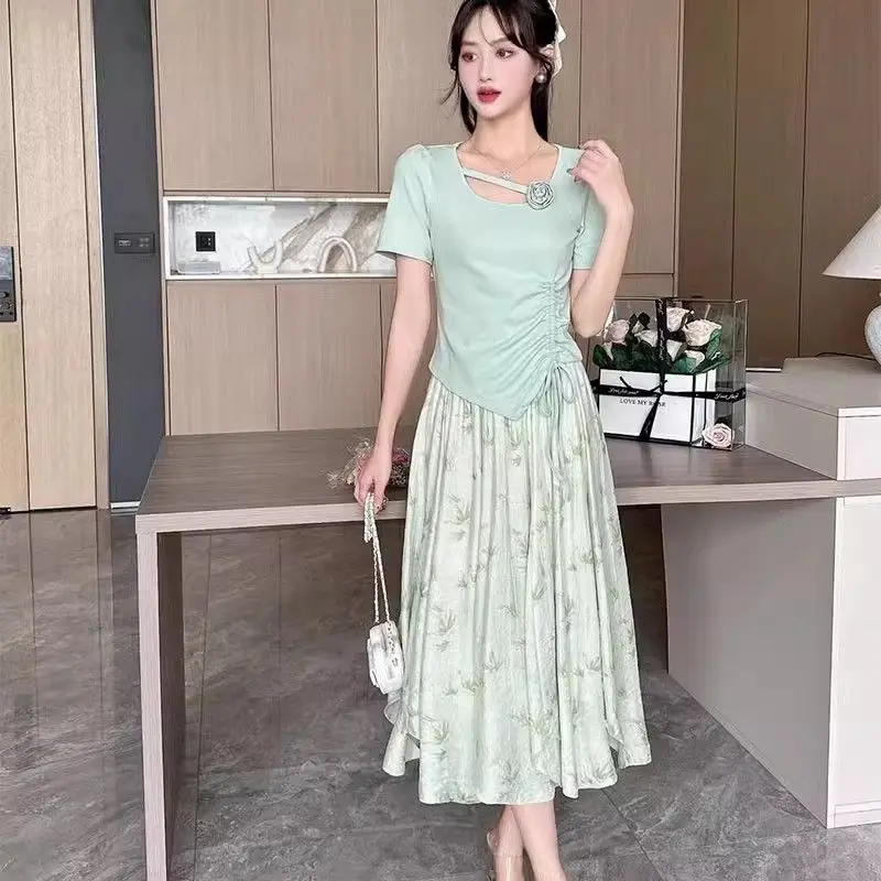 

Short Sleeve 2 Pieces Skirt Sets for Women Luxury Designer Clothing Y2k Streetwear Chic and Elegant Clothes Flowers Woman Outfit