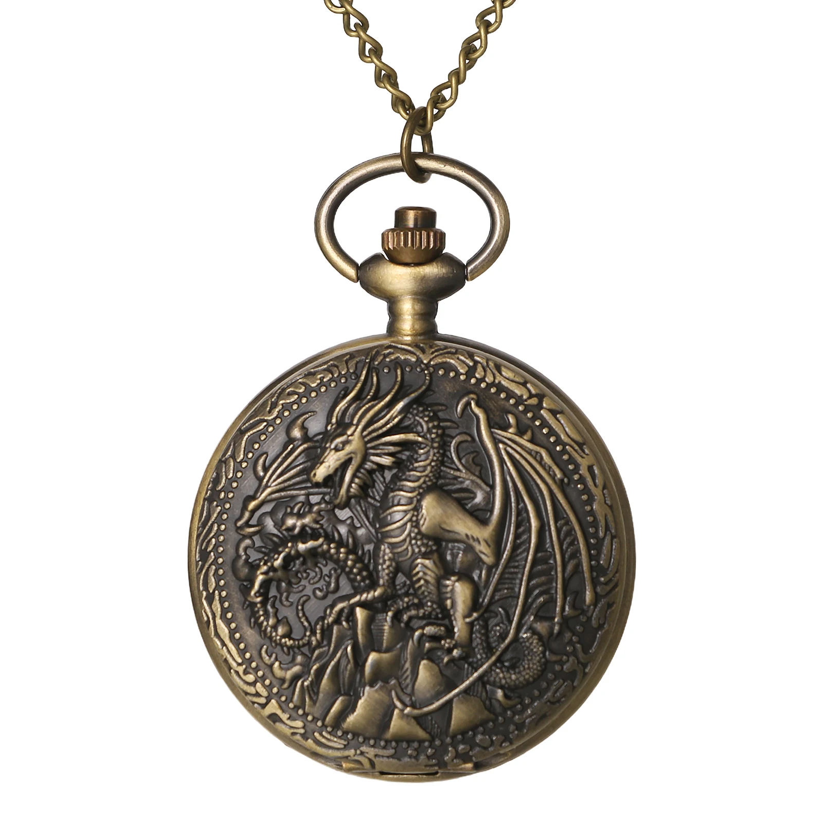 FLONGO Men's Vintage Bronze Dragon Relief Pocket Watch Analog Quartz Arabic Numerals Necklace Chain Gift