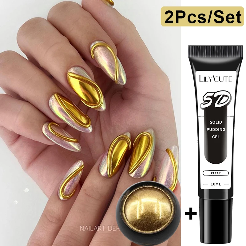 LILYCUTE 2PCS 5D Solid Pudding Gel Nail Polish Combine Metal Powder Sliver Painting Gel Liner Korean Style DIY Nail Art Designs