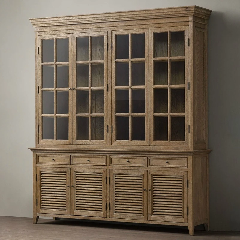 American solid wood frame bookcase dining side cabinet tea cabinet light luxury minimalist wall storage living room high cabinet