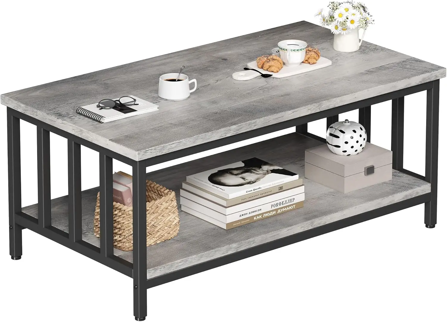 Coffee Table for Living Room with Slatted Sides Frame, Modern Farmhouse Living Room Table with 2-Tier Storage Shelf, Grey Wash