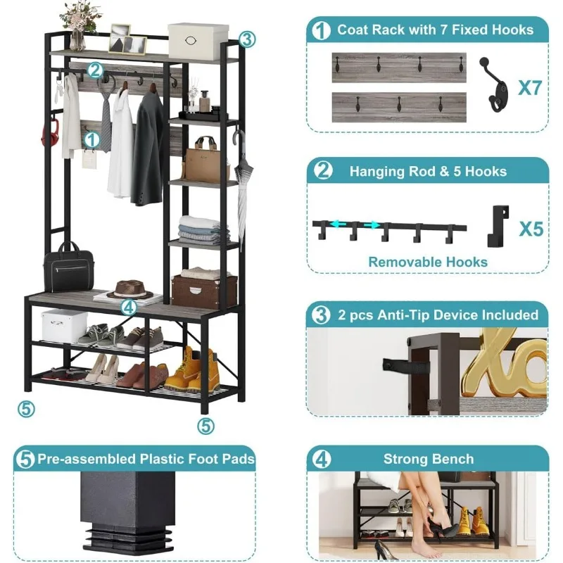 Industrial Hall Tree with Bench and Shoe Storage, Grey Entryway Bench with Coat Rack, Wooden Metal Coat Tree with Hooks,