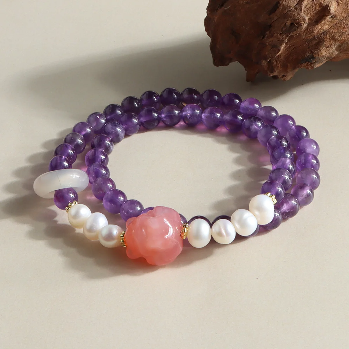 Natural Amethyst Amethyst Ghost with White Crystal Double Bracelets Pixiu Running Ring Double Circle Chinese Trendy Hand String