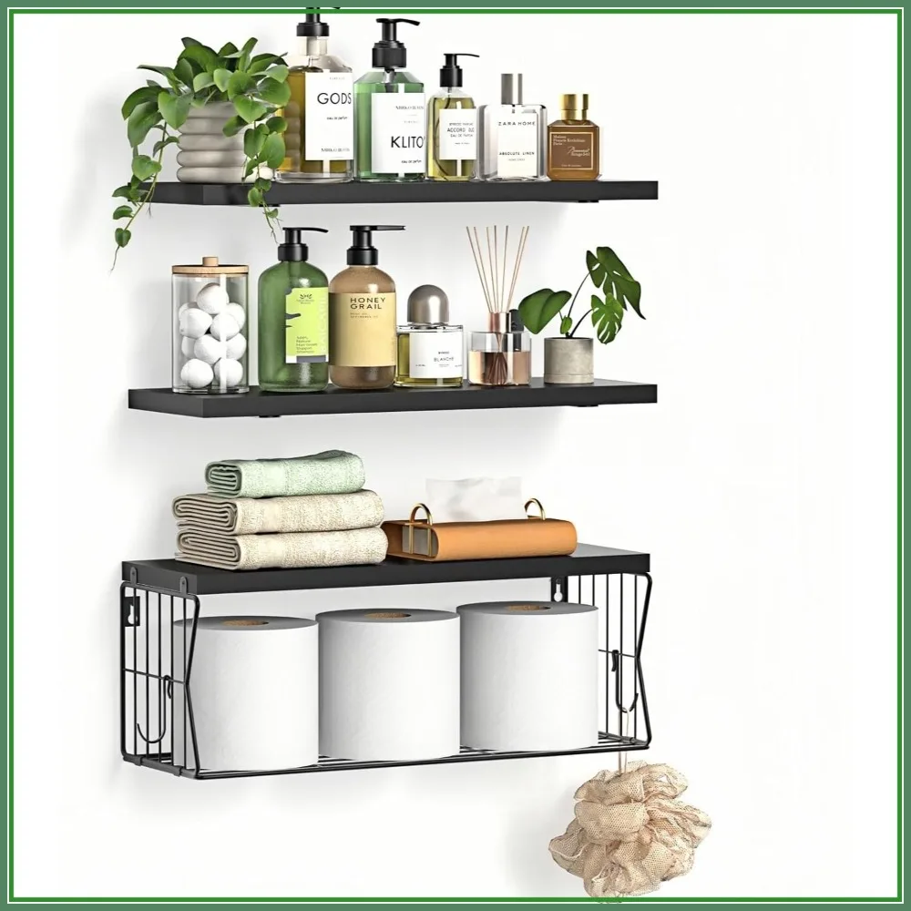 

Floating Bathroom Shelves Wall Mounted - Set of 3 for Over Toilet Storage, Modern Decor