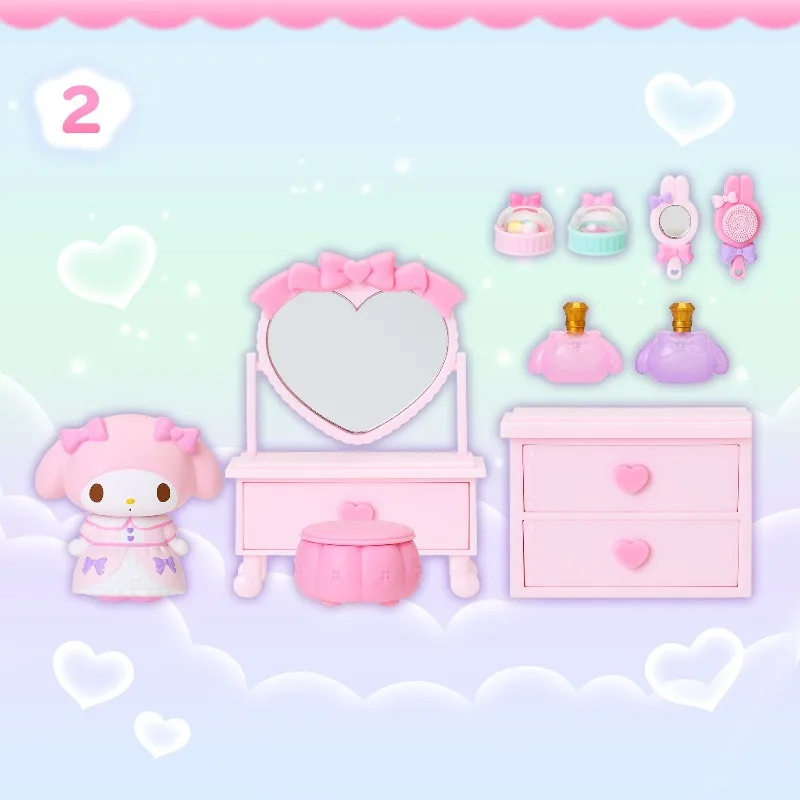 

Sanrio Play Dolls for Girls Dressing Table Set with Kitty and Melody Kuromi Mirror Cosmetics Anime Plush Toys for Children Doll