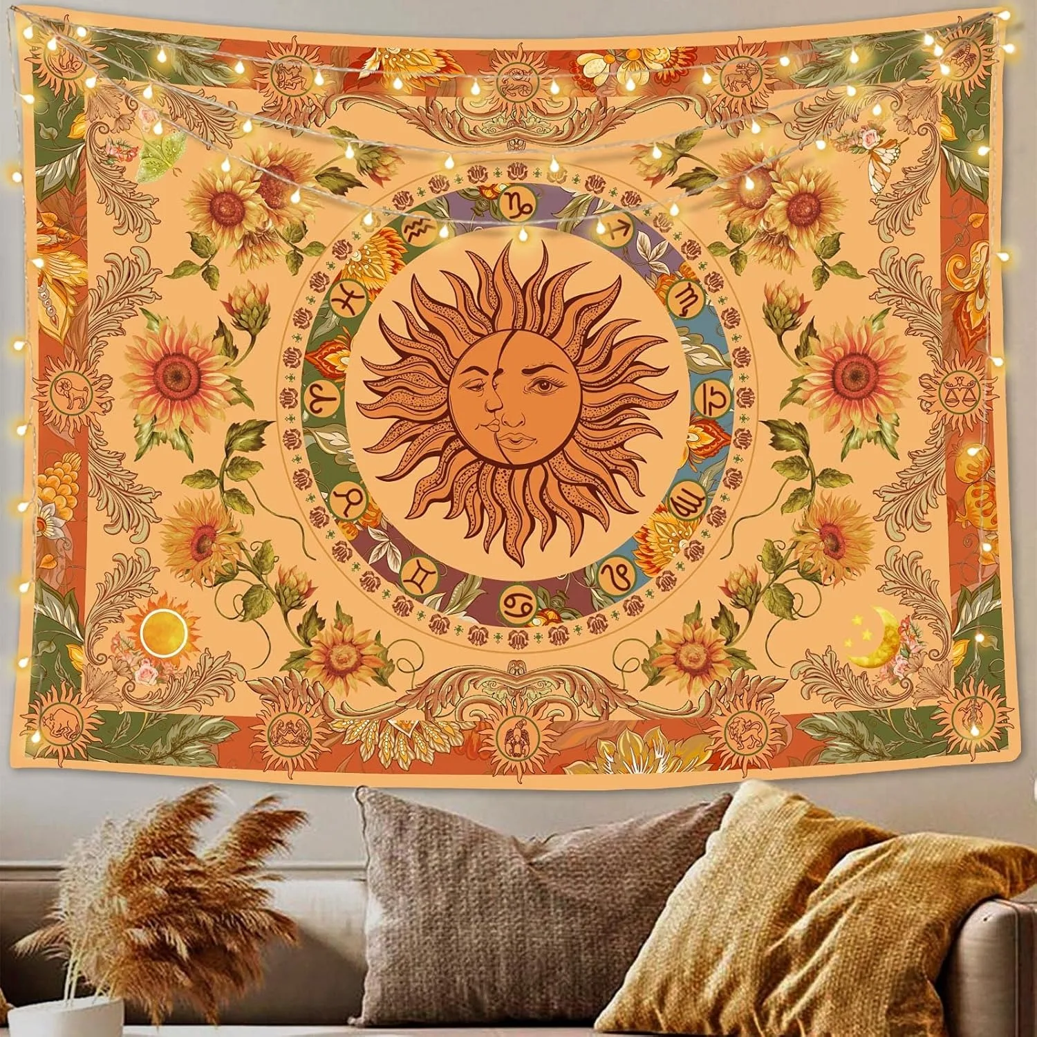 Bohemian Sun God Tapestry Wall Hanging Zodiac Constellation Sunflower Tapestry for Living Room Bedroom Home Decor Aesthetic