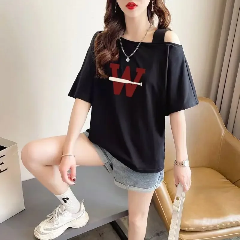 Tops Woman Short Sleeve Summer Outfit Black T Shirt For Women Off Shoulder Sale Clearance Clothing Wholesale Clothes Korean