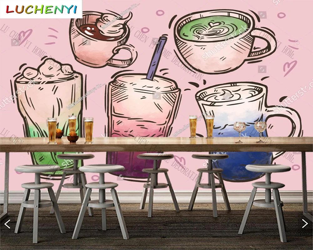 Custom bubble tea coffee cold drinking sodas mural wallpaper restaurant drinking shop dining room wall papers home decor sticker