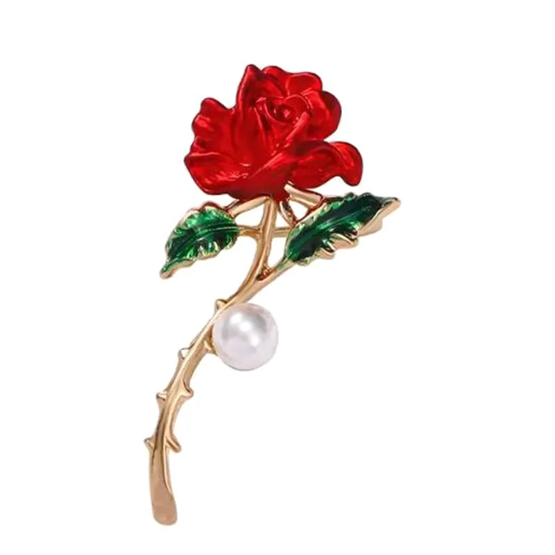 Elegant Temperament Red Rose Pearl Brooch Pins For Women Fashion Enamel Flower Corsage Wedding Party Jewelry Accessories Gift image 5