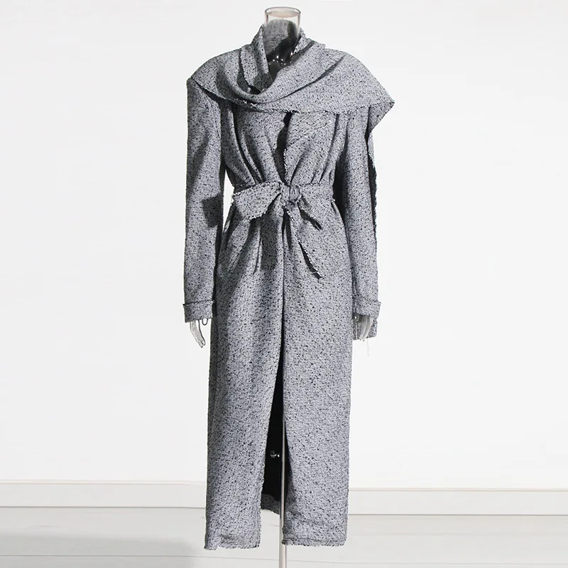 

2024 New Women Winter Coat Lapel Long Single Button Overcoat Splicing Shawl Belt Slim Fashion Elegant Tweed Jacket Long Sleeve