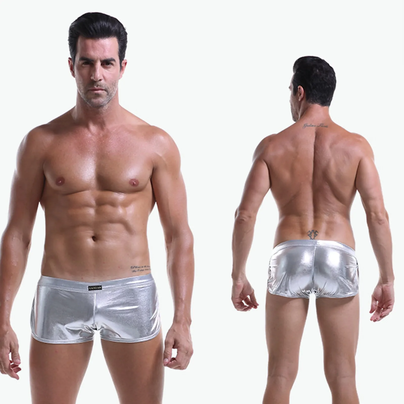 

Men's sexy underwear,low-waisted faux leather underpants,sexy concave-convex pockets boxer shorts,and four-corner shorts