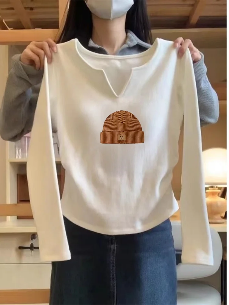 Weißes V-Ne Long Sve Damen-T-Shirt aus reiner Baumwolle, faionable Base Layer irt Schlankheitsoberteil für Herbst und Winter