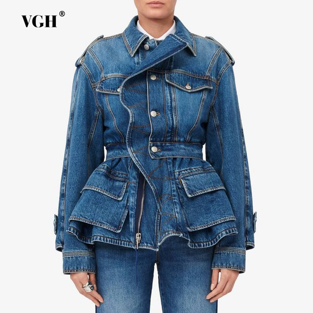 

VGH Irregular Folds Designer Cargo Jacket for Women Lapel Long Sleeve Patchwork Buttons American Retro Denim Coats Female Autumn