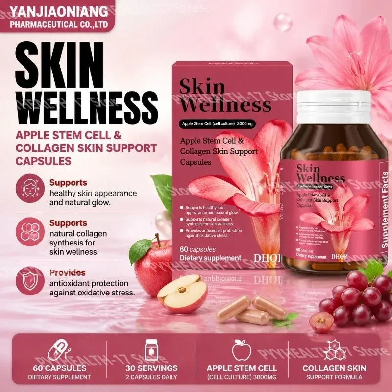 Skin Wellness Apple Stem Cell & Collagen Skin Support Capsules Glutathione Grape Seed Resveratrol and Astaxanthin 60 Capsules