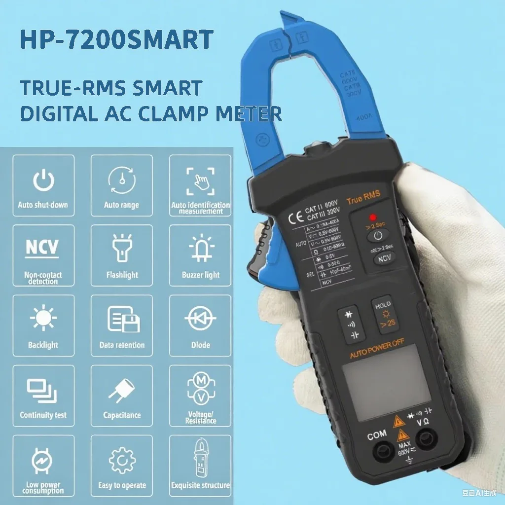 

Auto-select&Auto-range TRUE-RMS SMART DIGITAL AC CLAMP METER,DC&AC,Max LCD display: 6000 counts digit,Flashlight,electriciantool