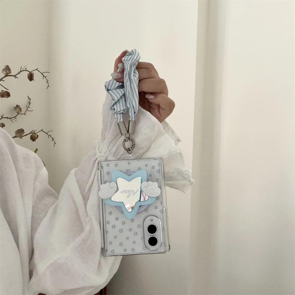 Small Blue Star Print Star‑Mirror Magnetic Holder Phone Case For Samsung Galaxy Z Fold 8 Shockproof Clear Cover With Girls