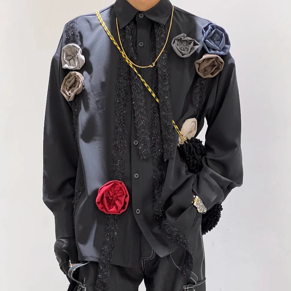 

3D Rose Creative Shirt Men Loose Long Sleeve Casual Streetwear Shirts Ribbon Decoration Nightclub High Street Men Women Blouse