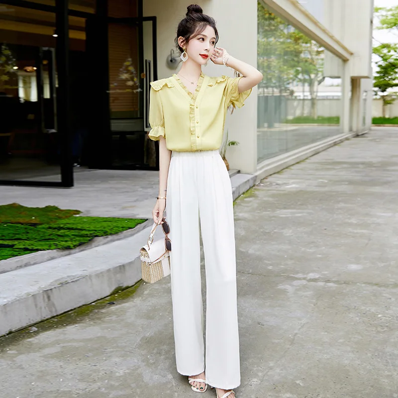 

Fashionable wide leg pants set for women's summer new style temperament wooden ear edge shirt+mop pants two-piece set